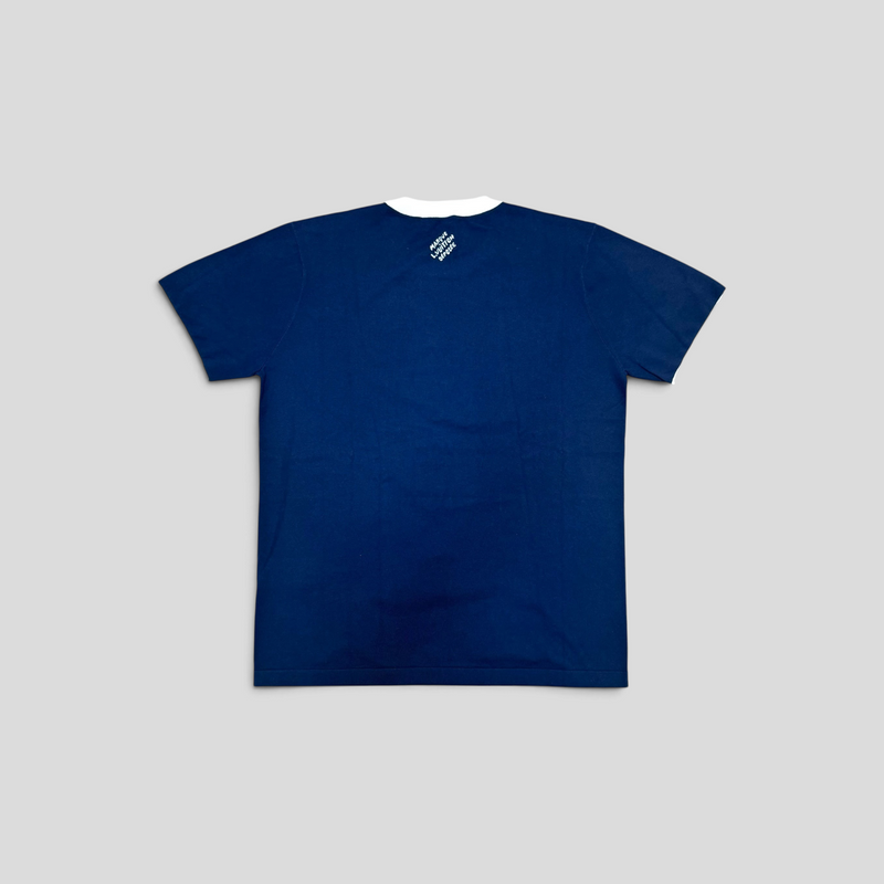 CLB XXIII Louis Vuitton navy blue short sleeve crewneck t-shirt with white graphic intarsia detail on the back