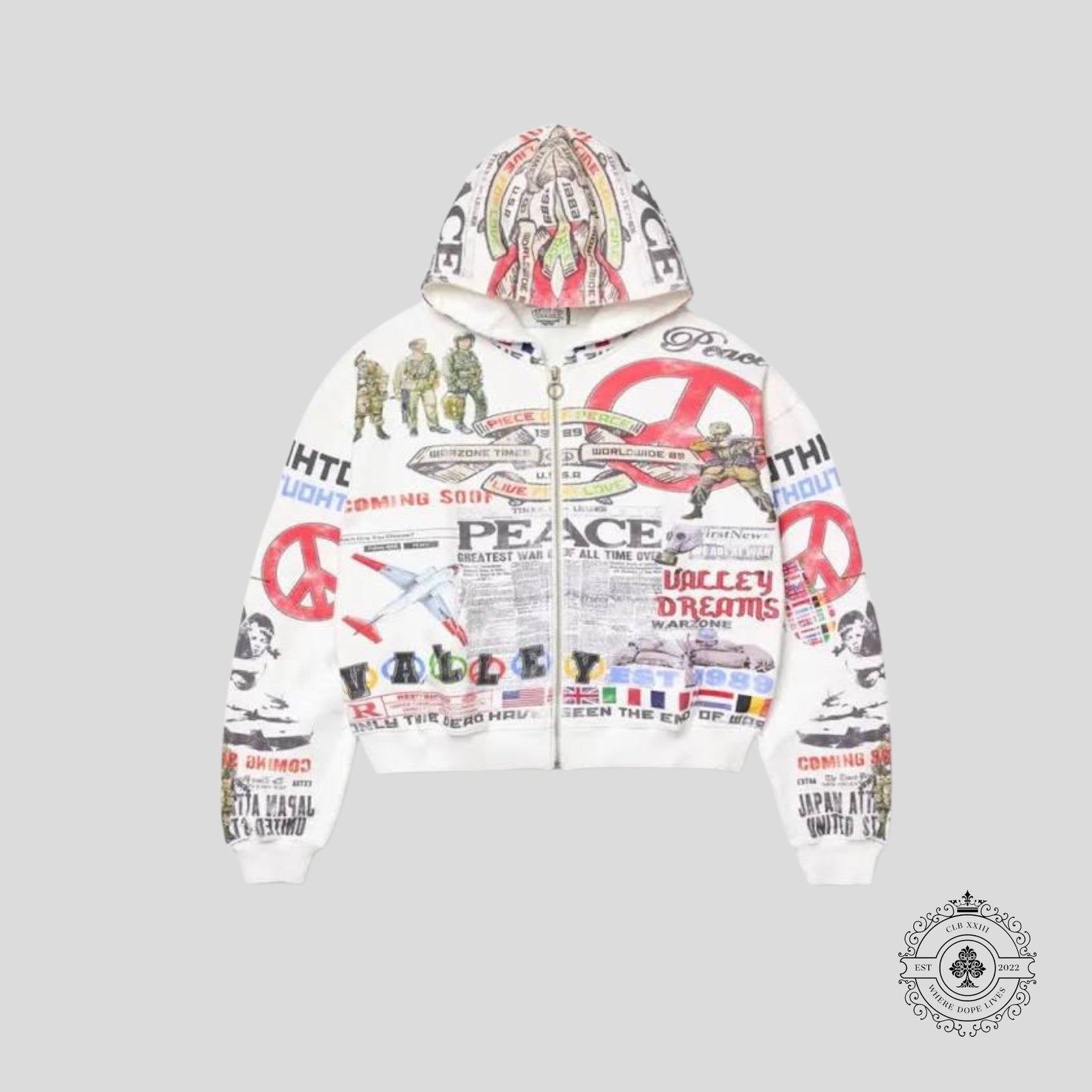 Vale Peace & War Zip Up Hoodie in White