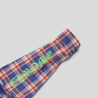 CLB XXIII blue and red plaid cotton flannel shirt sleeve featuring a green Chrome Hearts logo print