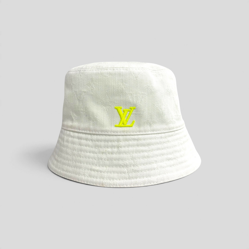 CLB XXIII Louis Vuitton white bucket hat with neon green embroidered monogram logo