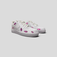 CLB XXIII Matty Boy custom white Air Force 1 Low sneakers featuring pink hand graphics from Atlanta 2025 pop-up.