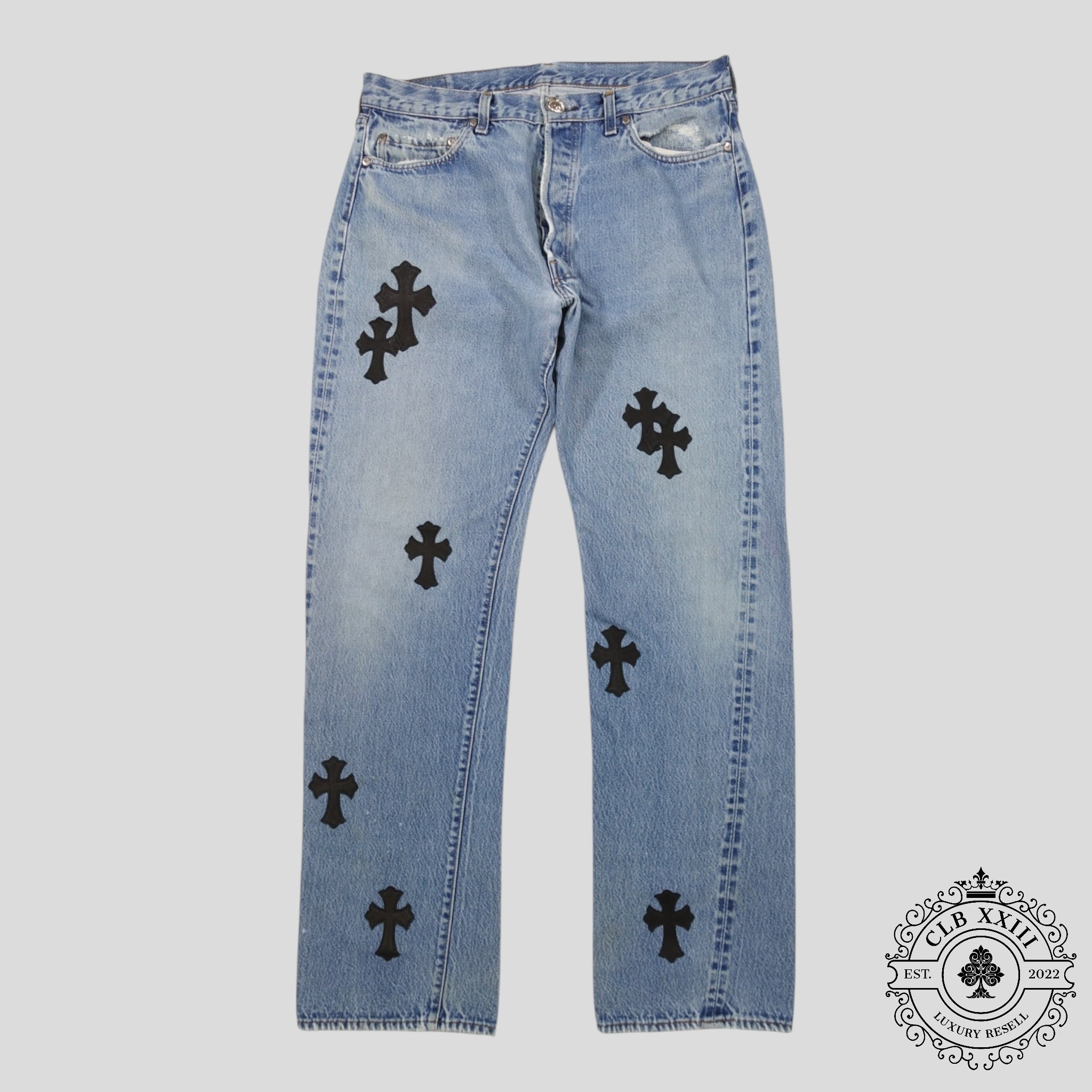 Chrome Hearts Cross Patch Levi 501 Red Line Jeans in Medium Wash/Black