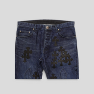 CLB XXIII Chrome Hearts dark wash denim jeans with black leather fleur cross patches and silver hardware