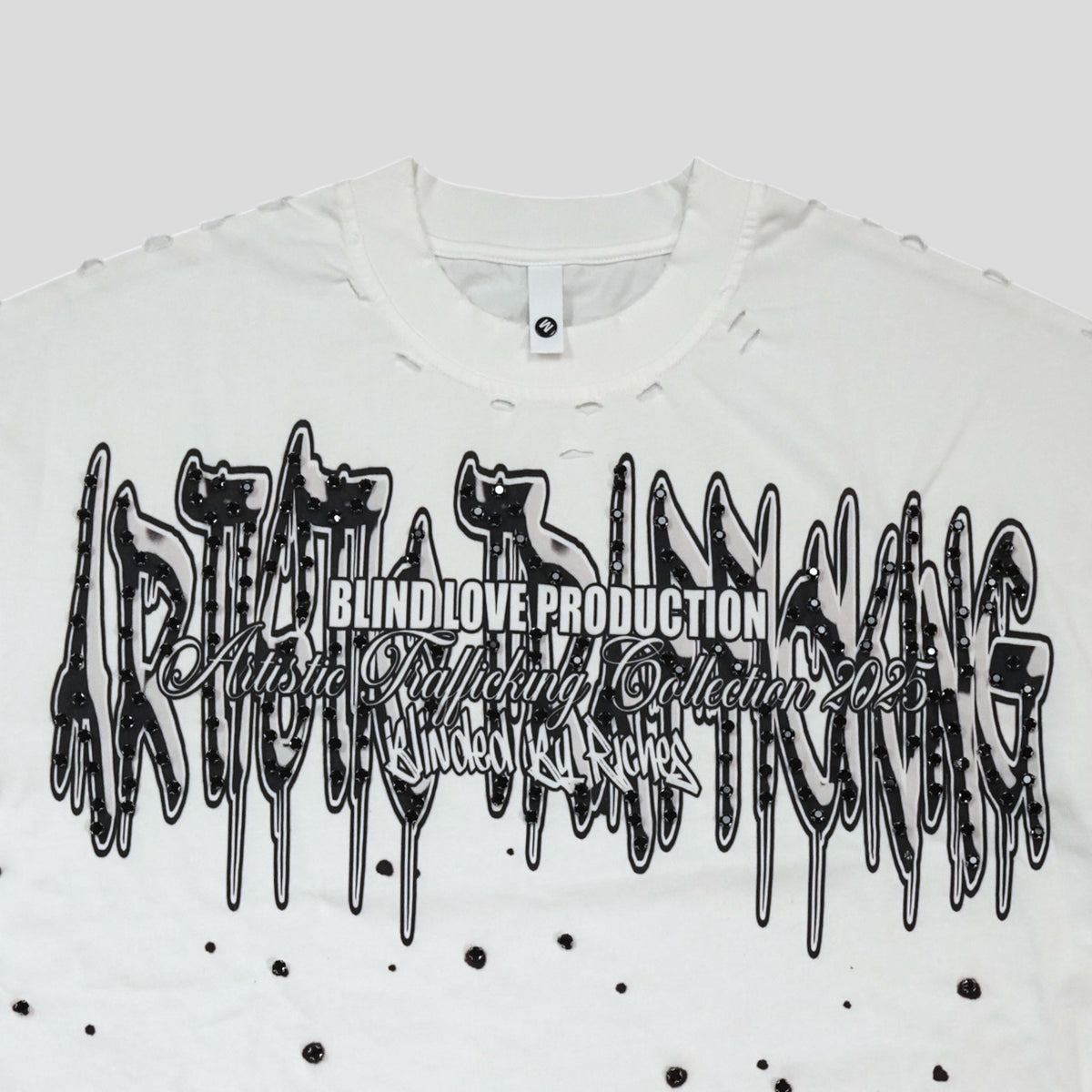Blind Love Artistic Trafficking Rhinestone T-Shirt in White/Black