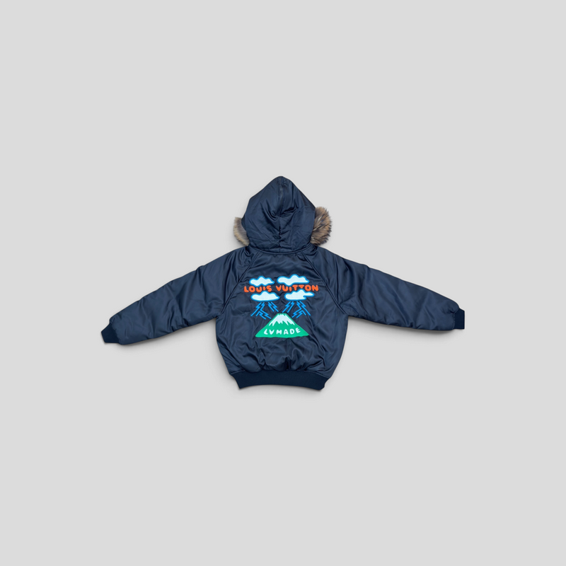 CLB XXIII Louis Vuitton x Nigo Mountain Aviator jacket in navy with fur-trimmed hood and back graphic embroidery