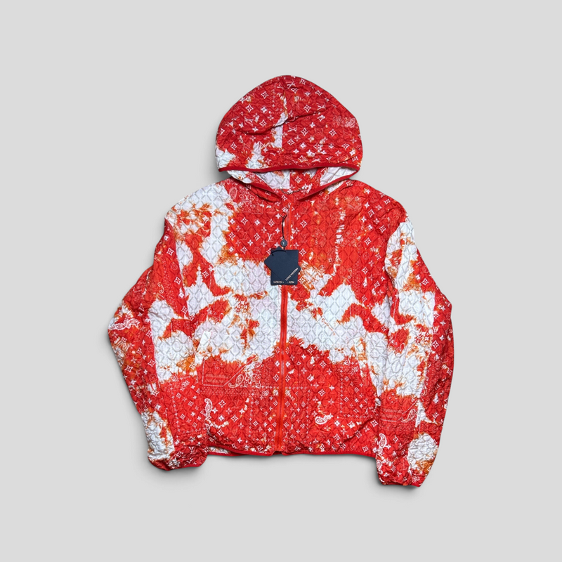 CLB XXIII Louis Vuitton orange and white monogram bandana print hooded jacket in polyamide with front zip closure.