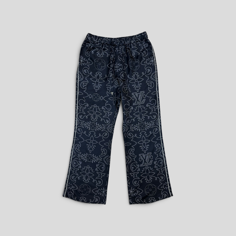CLB XXIII Louis Vuitton black silk pajama pants with white monogram pattern and side stripe detail