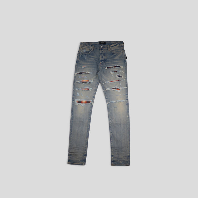 AMIRI PLAID THRASHER JEANS - CLAY INDIGO