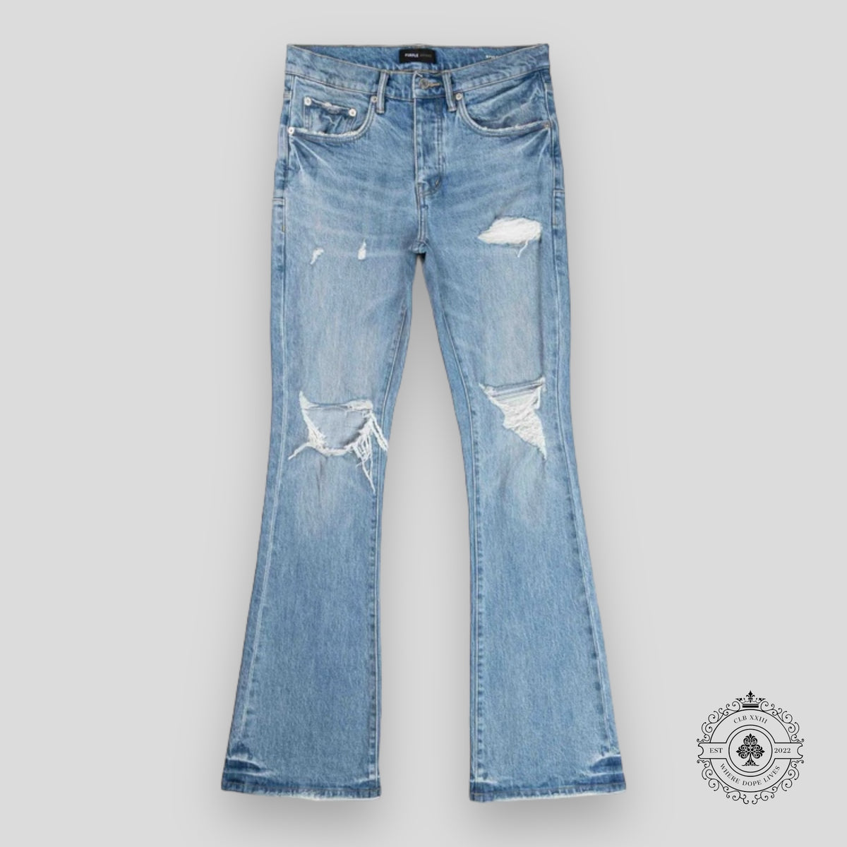 Purple Brand Light Indigo Ripped Flare Jeans