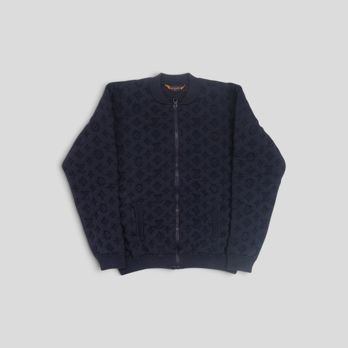 CLB XXIII Louis Vuitton navy blue monogram bomber jacket with zip front and ribbed trim