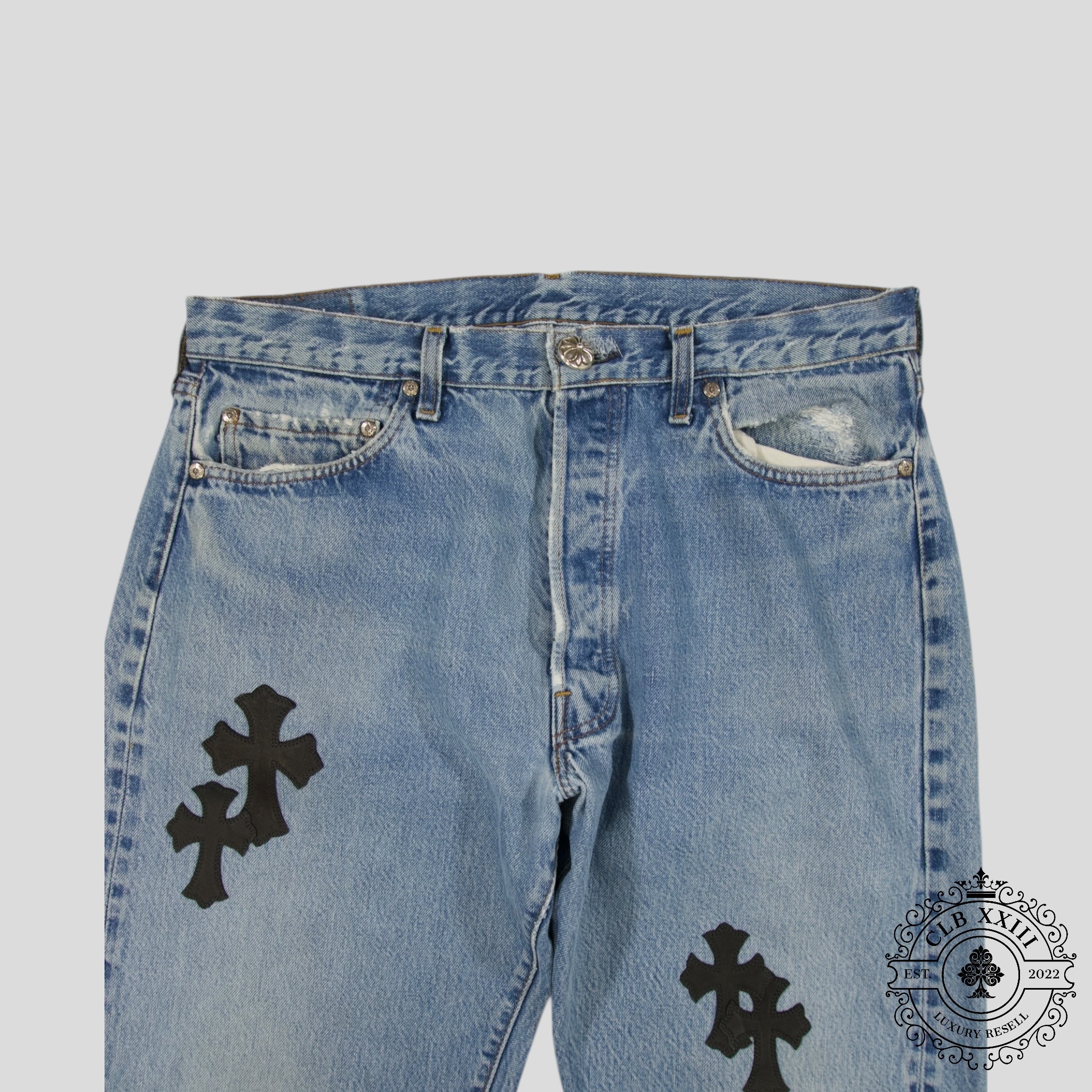 Chrome Hearts Cross Patch Levi 501 Red Line Jeans in Medium Wash/Black