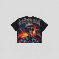 CLB XXIII Godspeed Natural Disaster black wash cotton t-shirt with graphic skull print and volcano background
