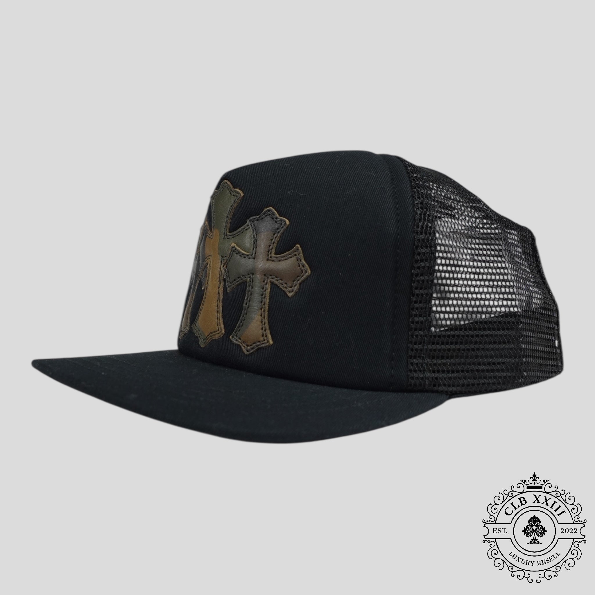 Chrome Hearts Leather Triple Cross Trucker Hat in Black/Camo