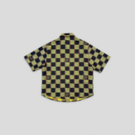 CLB XXIII Louis Vuitton short-sleeved wool shirt in black and yellow Damier check pattern with logo details.