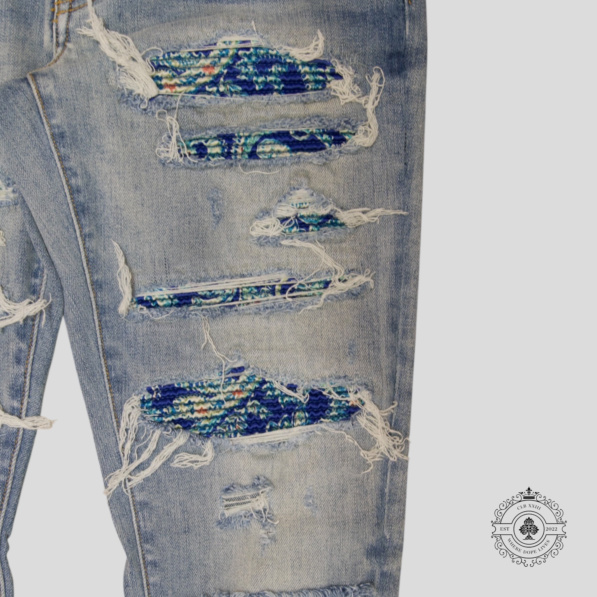 Amiri MX1 Silk PJ Patch Jeans in Light Indigo