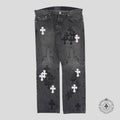 Chrome Hearts Fleur Knee Cross Patch Jeans in Black / White