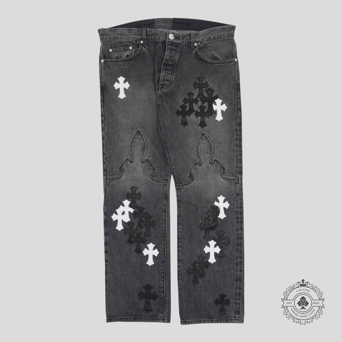 Chrome Hearts Fleur Knee Cross Patch Jeans in Black / White