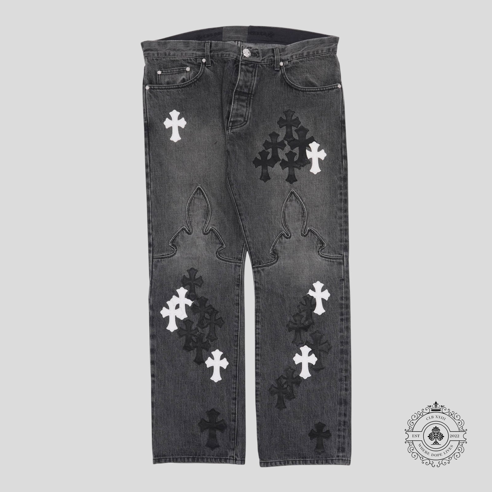 Chrome Hearts Fleur Knee Cross Patch Jeans in Black / White