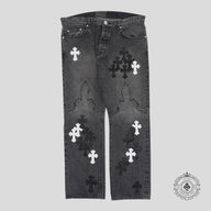 Chrome Hearts Fleur Knee Cross Patch Jeans in Black / White