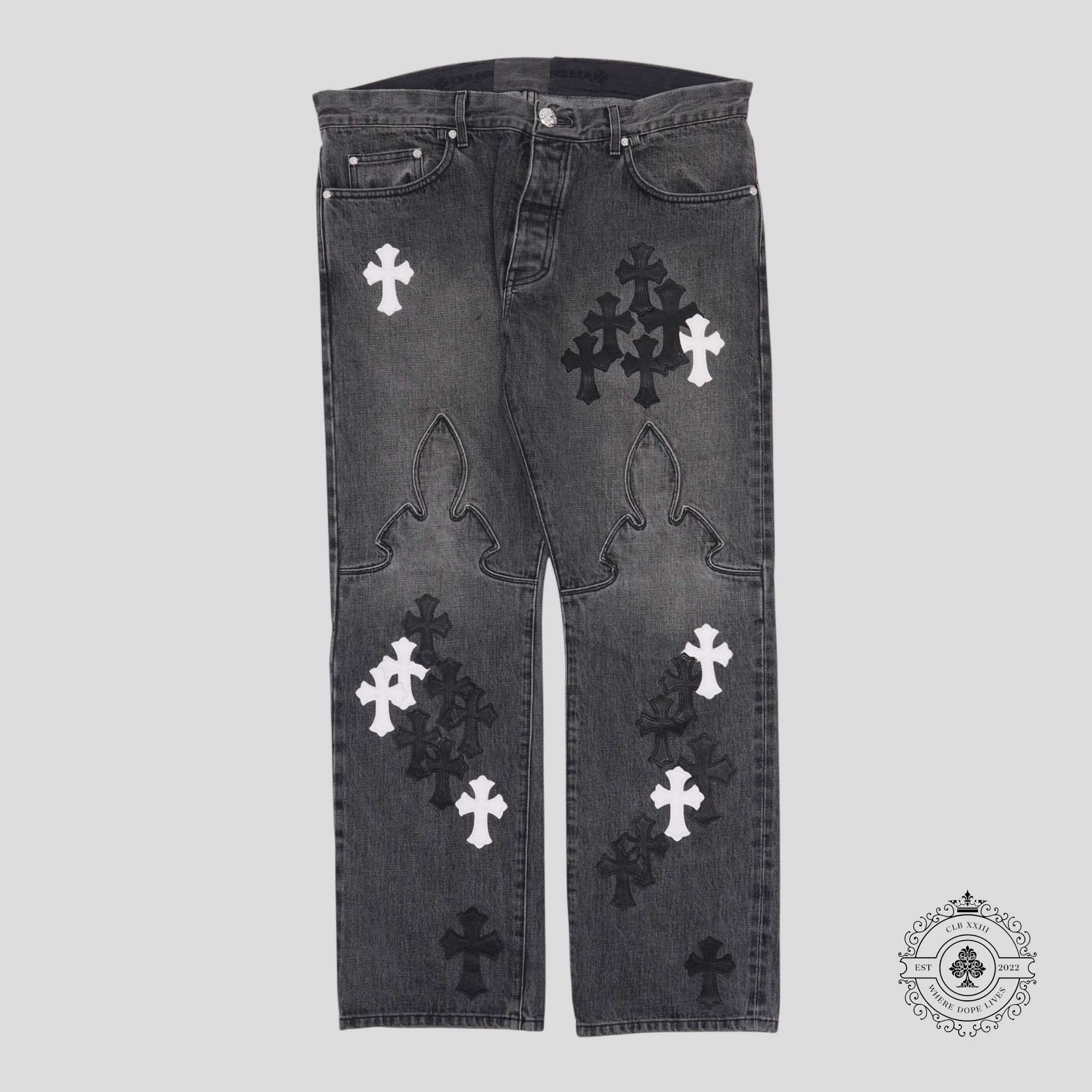 Chrome Hearts Fleur Knee Cross Patch Jeans in Black / White