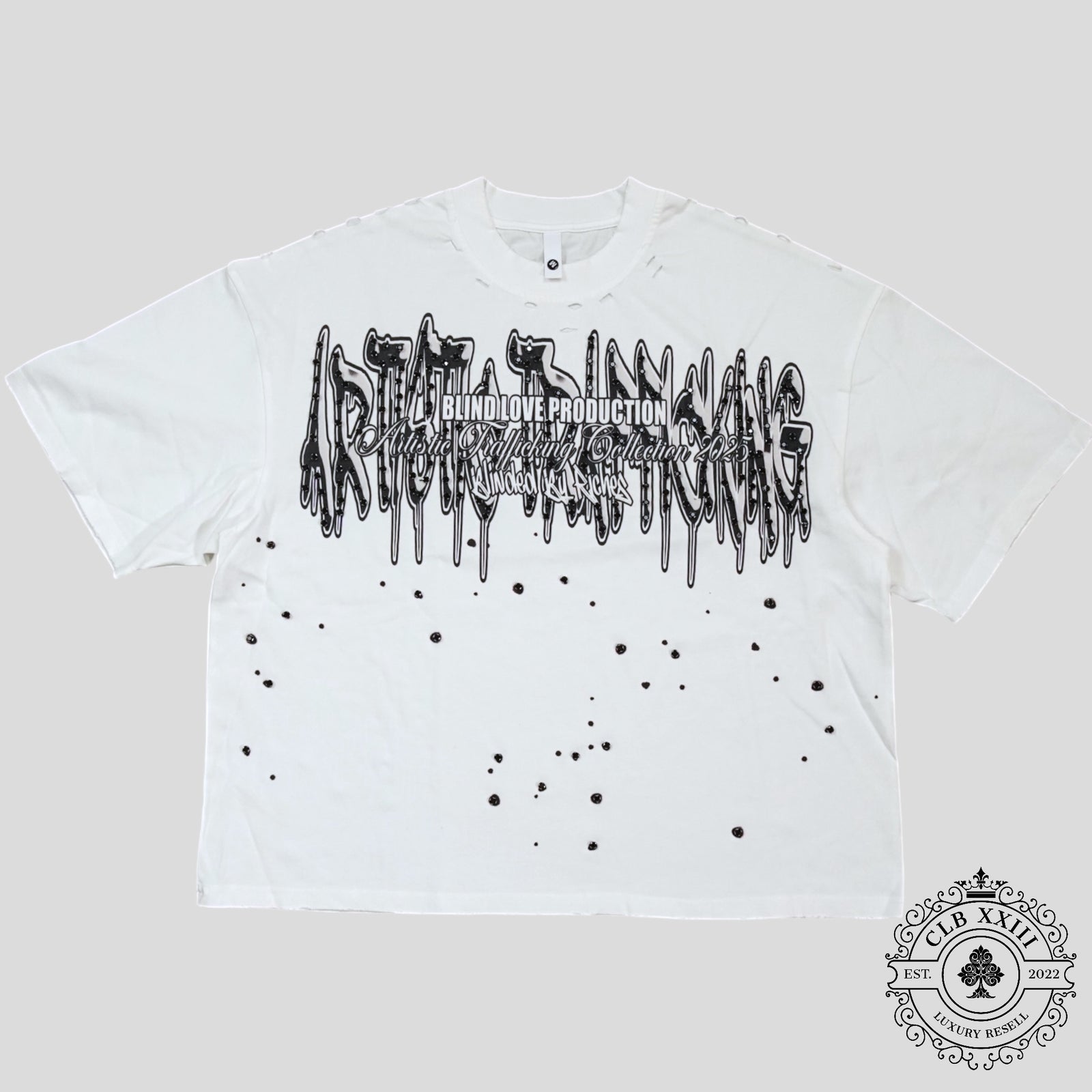 Blind Love Artistic Trafficking Rhinestone T-Shirt in White/Black