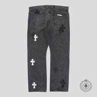 Chrome Hearts Fleur Knee Cross Patch Jeans in Black / White