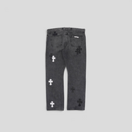 CLB XXIII Chrome Hearts black denim jeans featuring white and black fleur cross patches on the back view