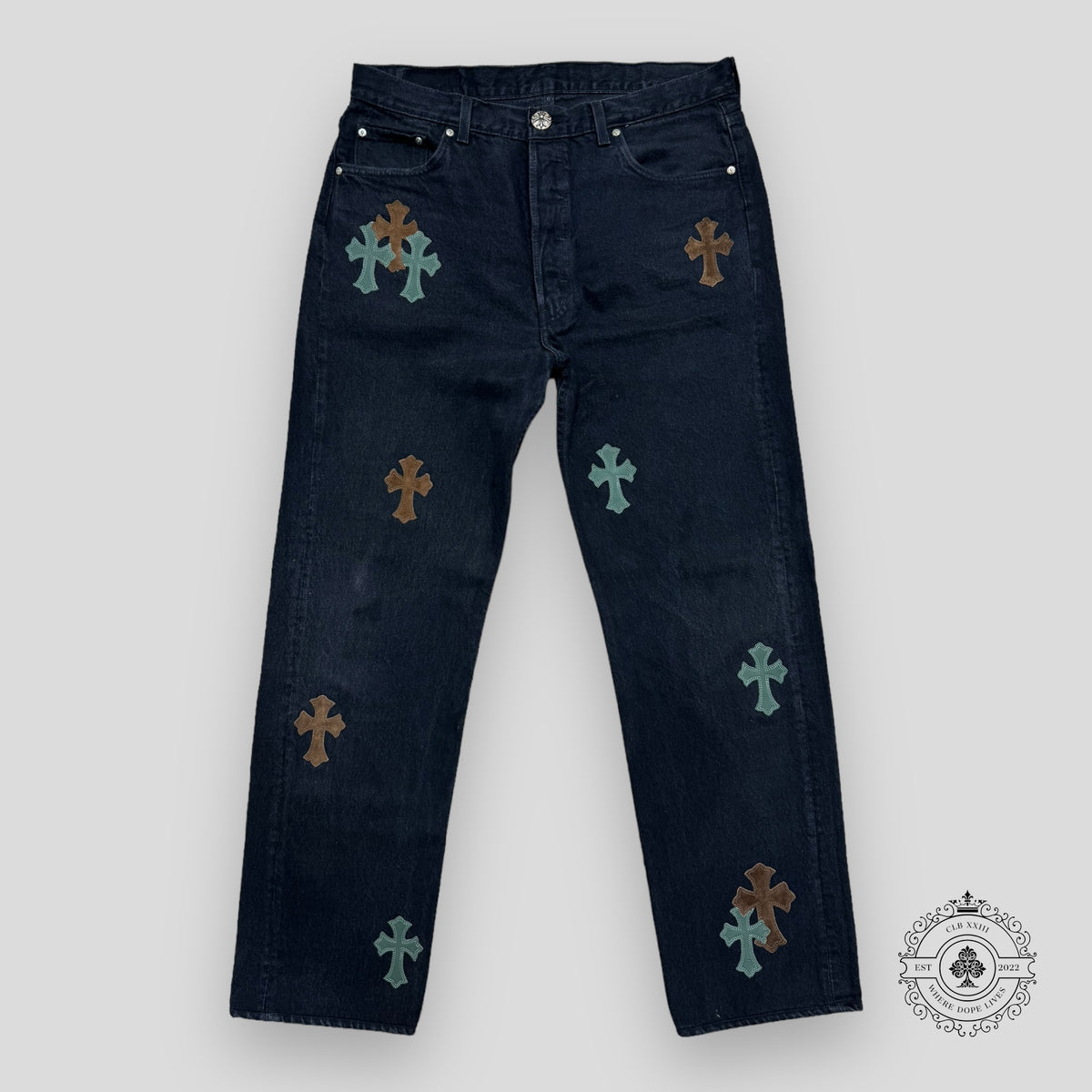 Chrome Hearts Green / Brown Cross Patch Jeans