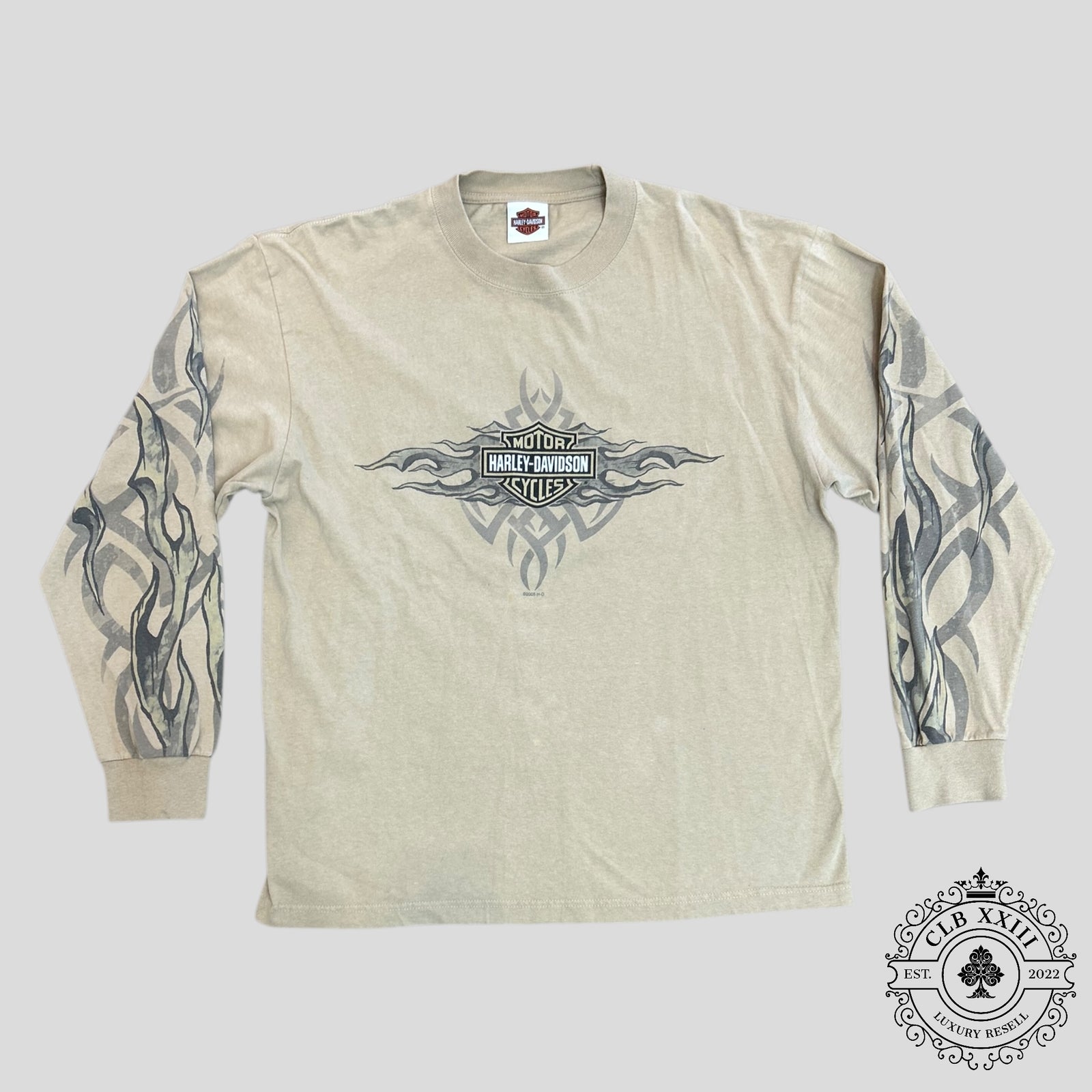 2005 Charlotte Harley Davidson Tribal Flame Vintage LS Tee in Tan