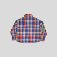 CLB XXIII blue and red plaid cotton flannel shirt with green logo print on the sleeves, back view.