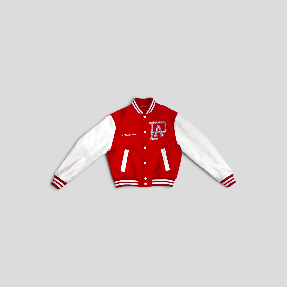 CLB XXIII Louis Vuitton red wool and white calf leather varsity blouson jacket with rhinestone LA logo