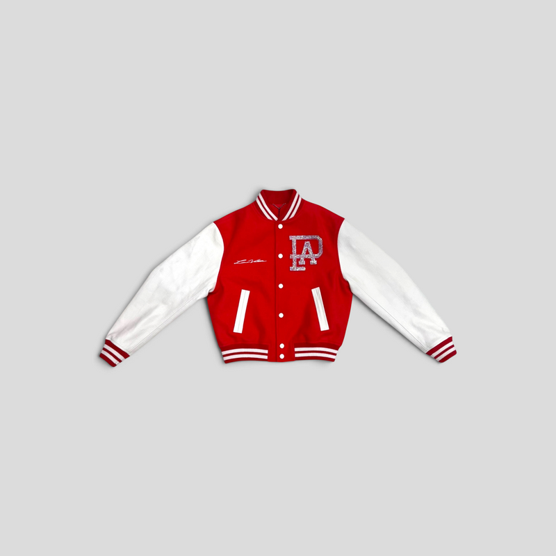 CLB XXIII Louis Vuitton red wool and white calf leather varsity blouson jacket with rhinestone LA logo