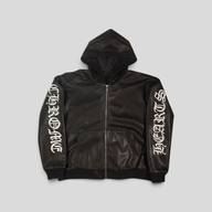 CLB XXIII Chrome Hearts black leather zip-up hoodie with white gothic lettering on sleeves and sterling silver hardware