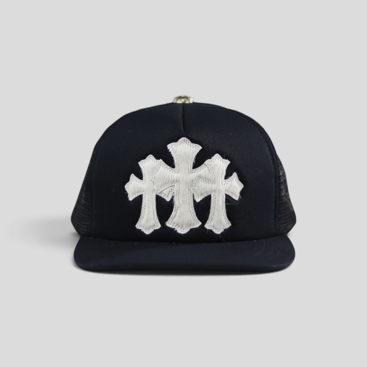 Chrome Hearts Pony Hair Cemetery Cross Trucker Hat in Black