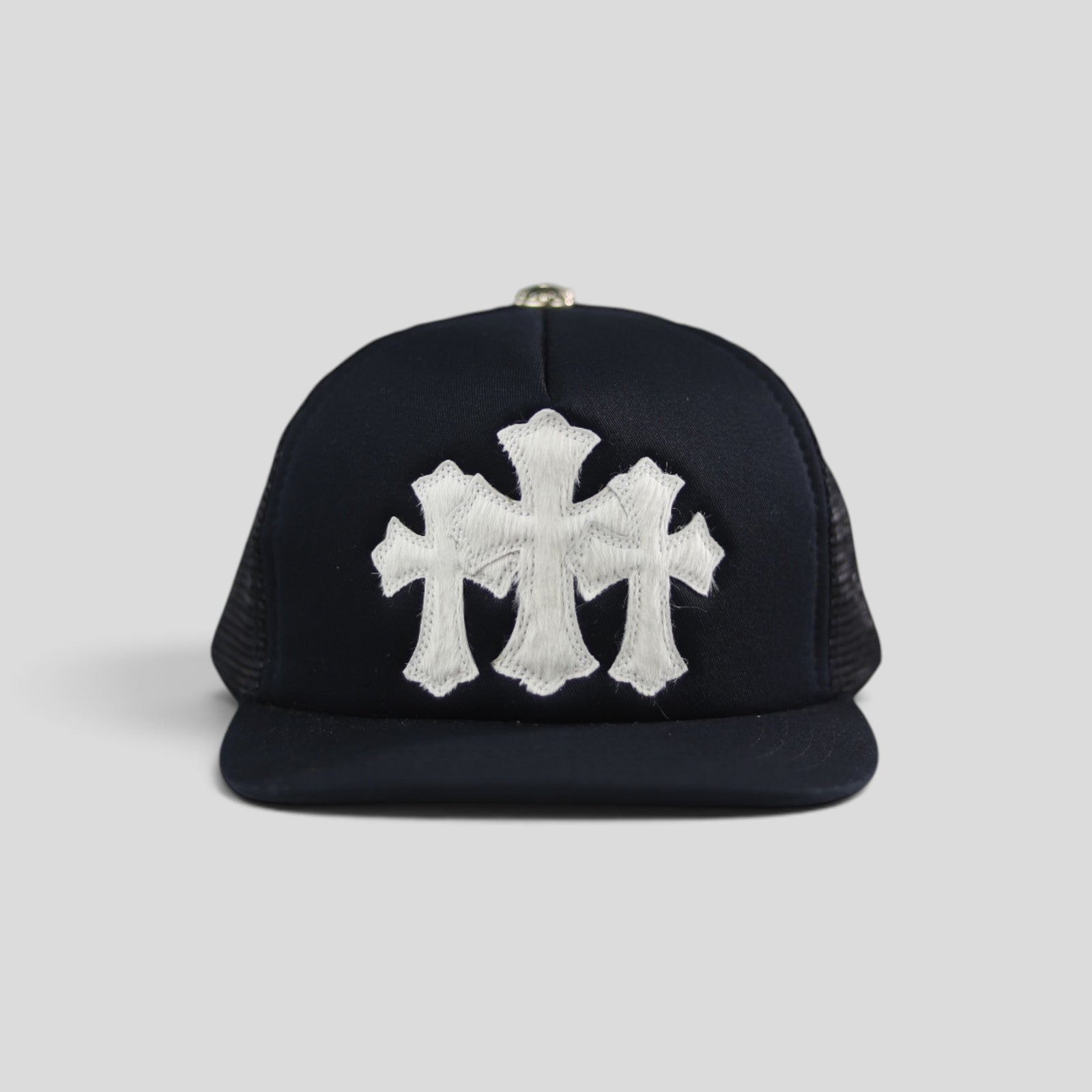 Chrome Hearts Pony Hair Cemetery Cross Trucker Hat in Black