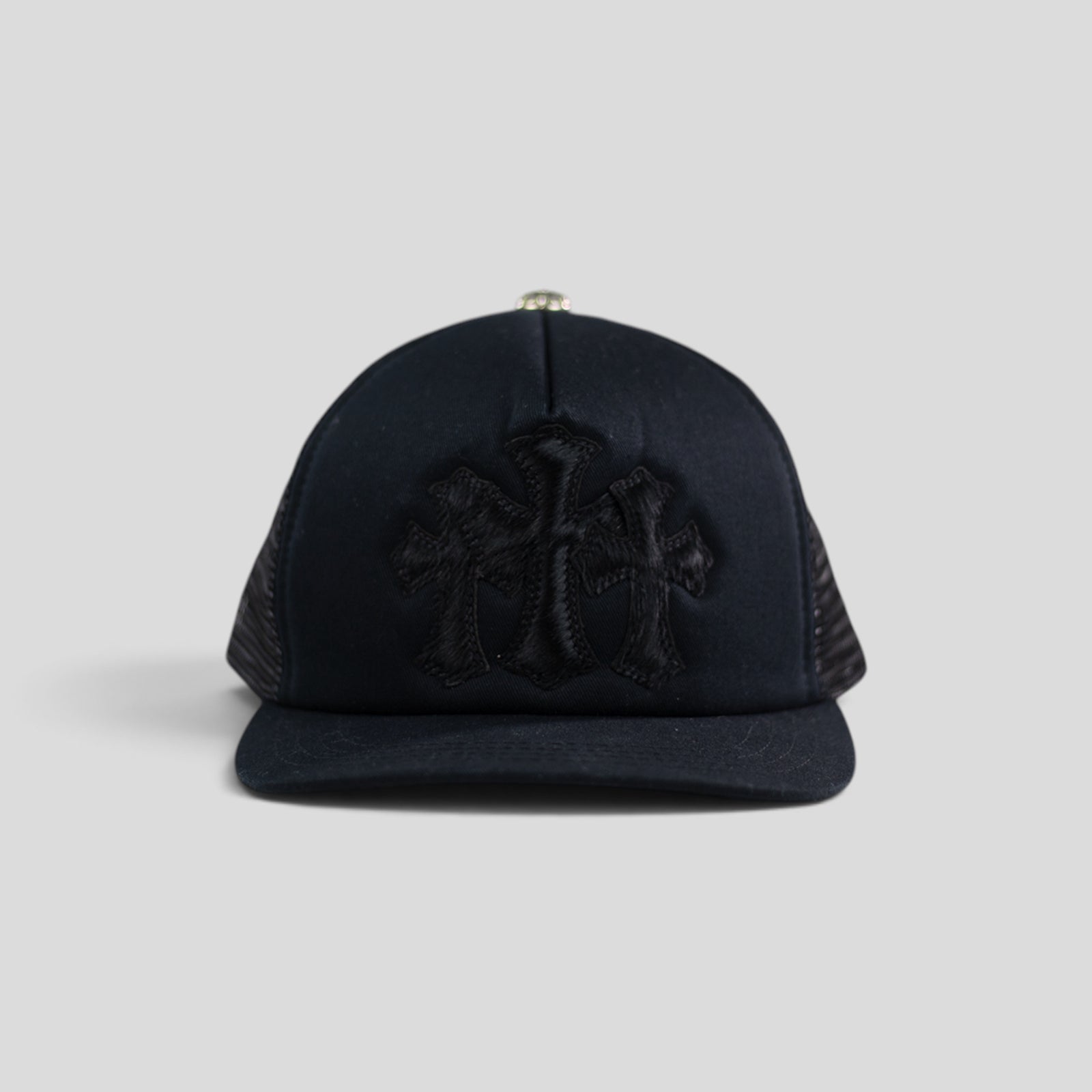 Chrome Hearts Pony Hair Cemetery Cross Trucker Hat in Black