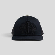 Chrome Hearts Pony Hair Cemetery Cross Trucker Hat in Black