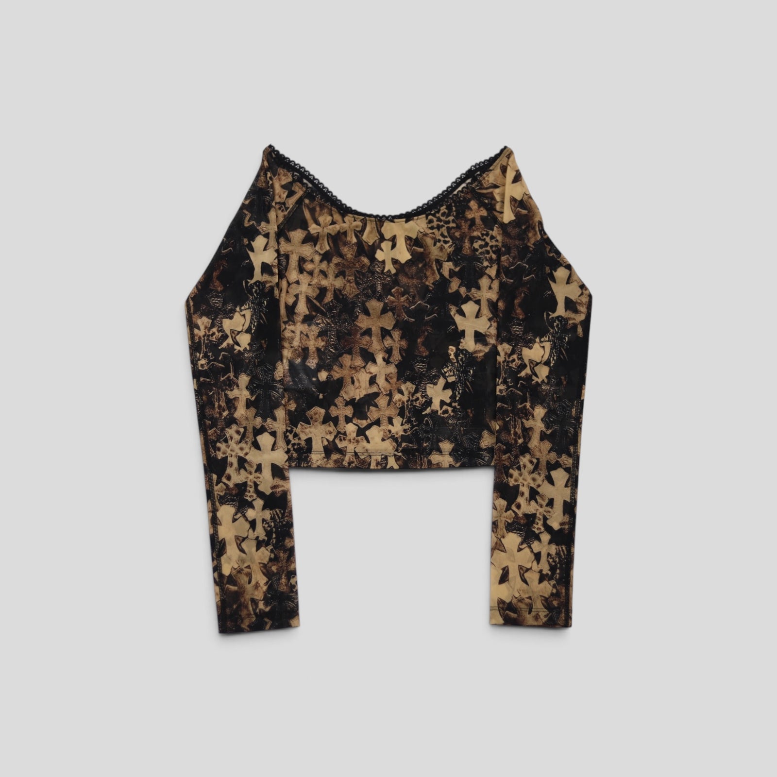 Chrome Hearts Women's Cross Print Sheer Crop Top in Tan