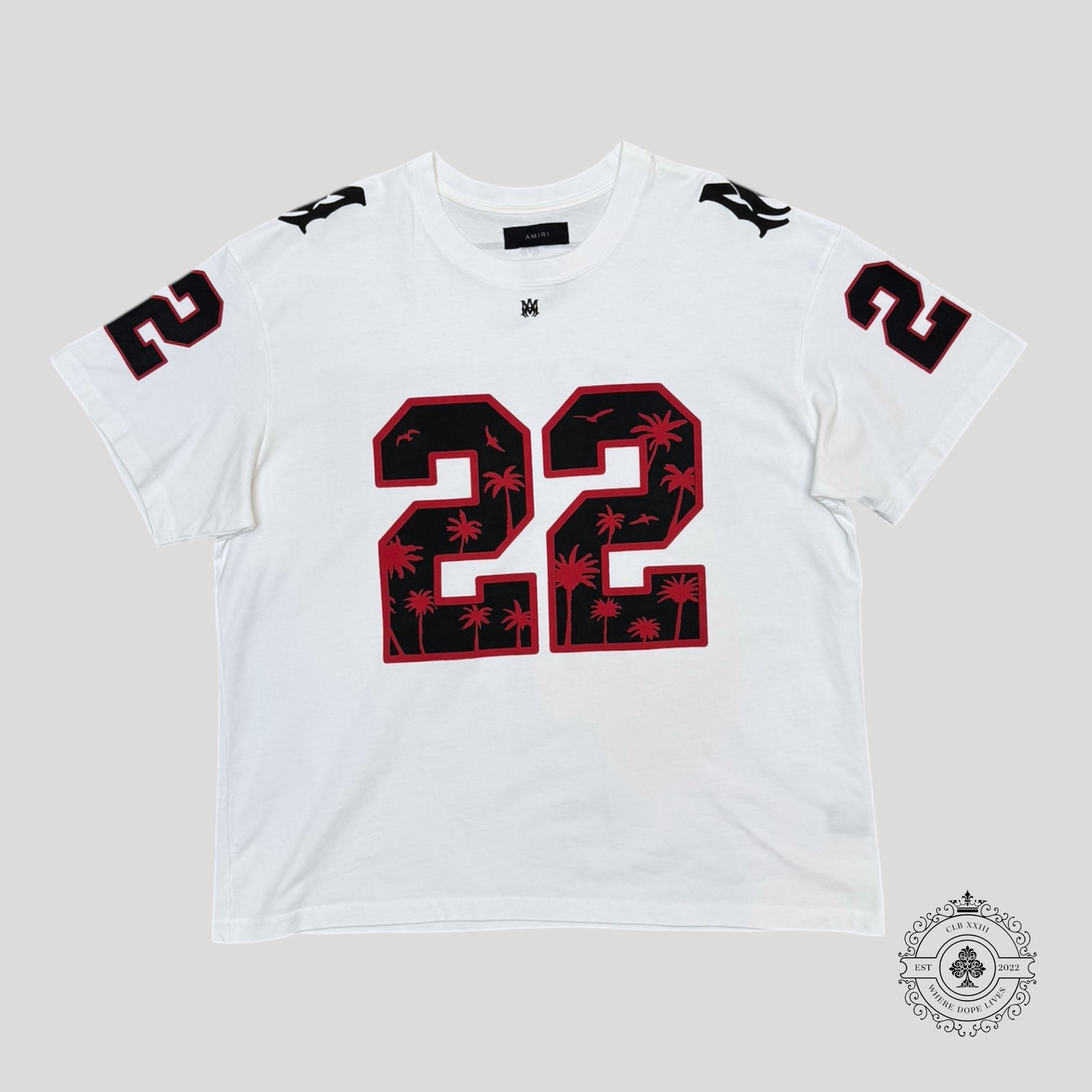 Amiri Palm Tree 22 Oversized Football T-Shirt in White/Black/Red