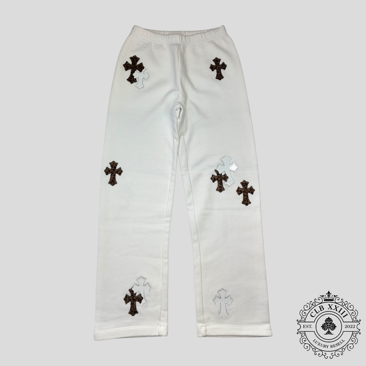 Chrome Hearts Leopard Cross Patch Sweatpants in White