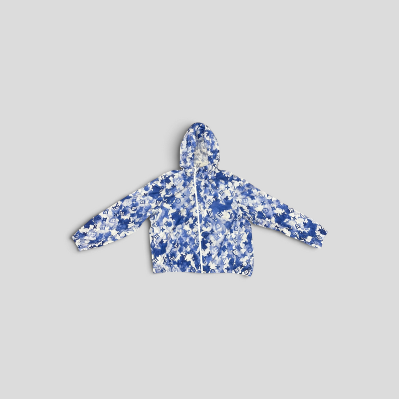 CLB XXIII Louis Vuitton blue watercolor monogram windbreaker in polyamide with a hooded zip-up design.
