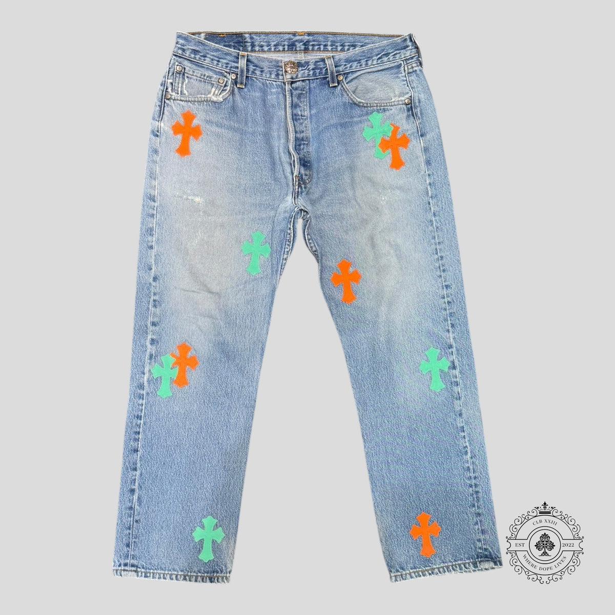 Chrome Hearts Cross Patch Jeans in Green / Orange