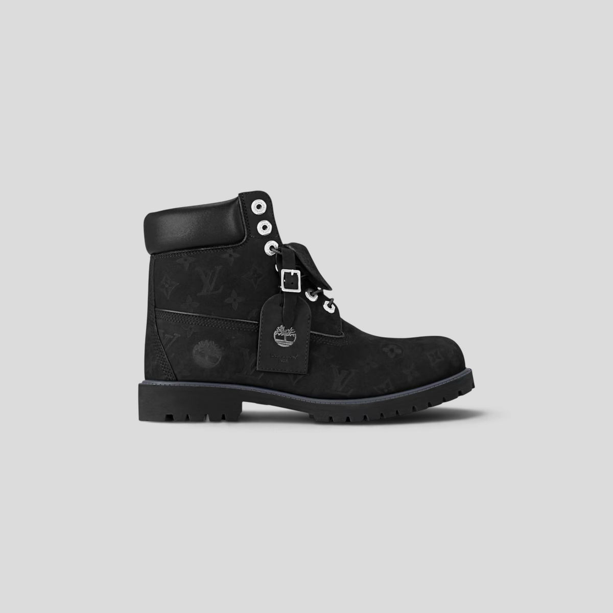 CLB XXIII Louis Vuitton x Timberland 6 inch boot in black suede with embossed monogram pattern and silver hardware