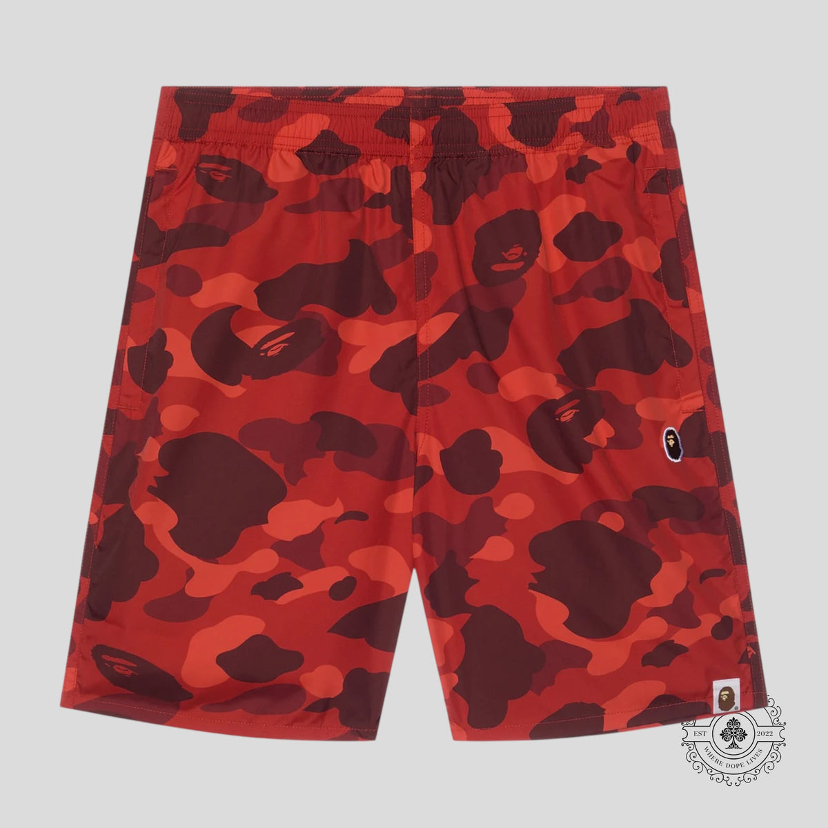Bape Camo Ape Head Beach Shorts in Red