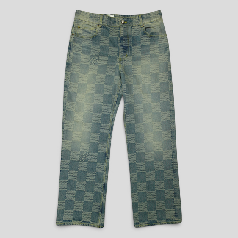 CLB XXIII Louis Vuitton medium wash denim skate pants featuring a 3D Damier checkerboard pattern and cotton blend.