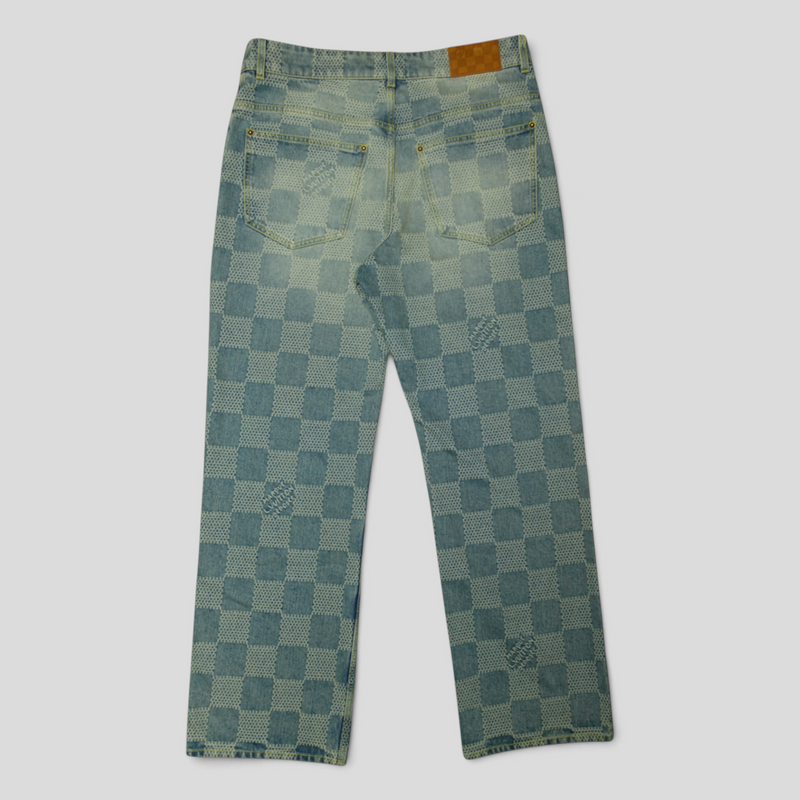 CLB XXIII Louis Vuitton 3D Damier denim skate pants in medium wash with a checkered pattern and back pocket branding.