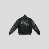 CLB XXIII Louis Vuitton black varsity jacket with wool body, calfskin leather sleeves, and back logo embroidery.