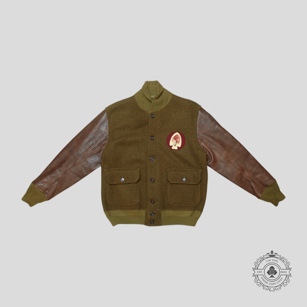 RRL Arrowhead Patch Wool Varsity Jacket in Green/Brown