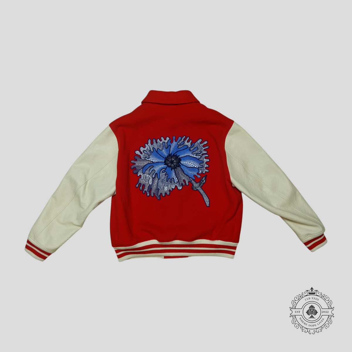 Louis Vuitton x Yayoi Kusama Psychedelic Flower Embossed Monogram Sleeve Varsity Jacket in Red/White