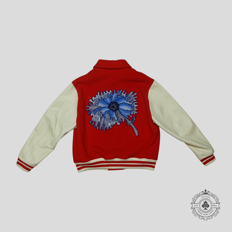 Louis Vuitton x Yayoi Kusama Psychedelic Flower Embossed Monogram Sleeve Varsity Jacket in Red/White